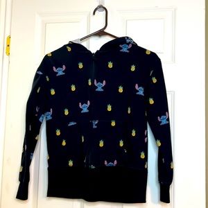 Women’s XS Zip up hooded sweatshirt. Black with Disney Stitch and Pineapple